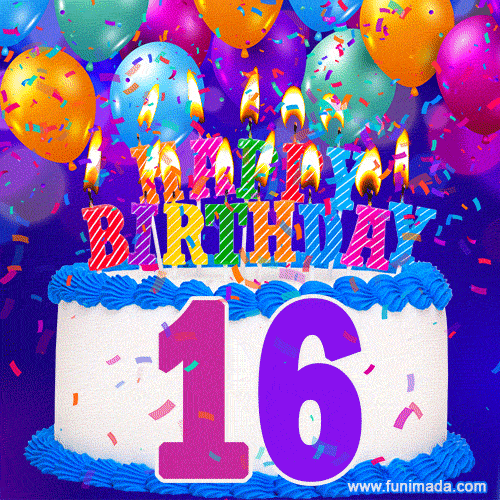 16th Birthday Cake gif: colorful candles, balloons, confetti and number ...