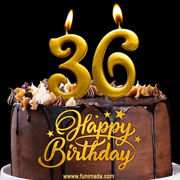 36 Birthday Chocolate Cake with Gold Glitter Number 36 Candles (GIF ...