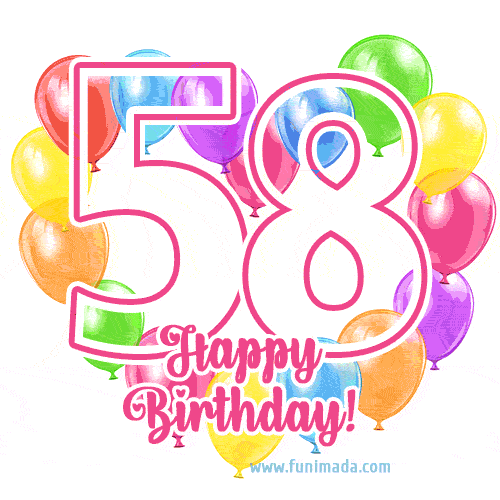 Colorful heart-shaped balloons frame GIF for a 58th birthday ...