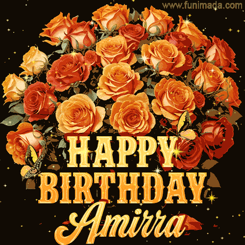 Beautiful Bouquet Of Orange And Red Roses For Amirra Golden Inscription And Blinking Twinkling 