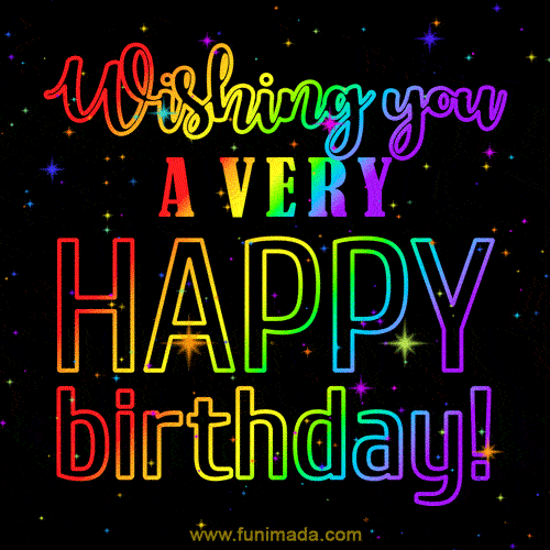 Rainbow typography on black background: Wishing you a very happy birthday.