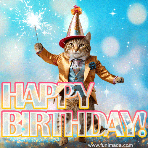 A happy birthday card with a cat in a fancy suit and hat waving a sparkler.