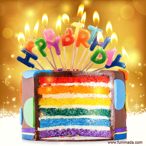 Beautiful colorful animated happy birthday cake — Download on Funimada.com