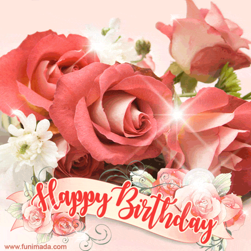 Happy Birthday! Flickering GIF with pink roses for a woman