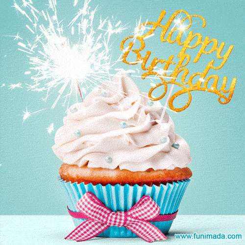 Vanilla cupcake, lit sparkler and golden happy birthday topper on cyan background.