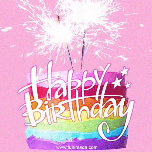 Six colors animated happy birthday rainbow cake with sparklers on top ...