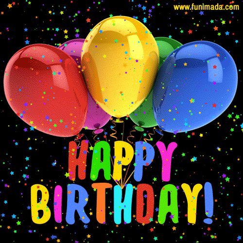 Animation with colorful balloons and rainbow text - Happy Birthday