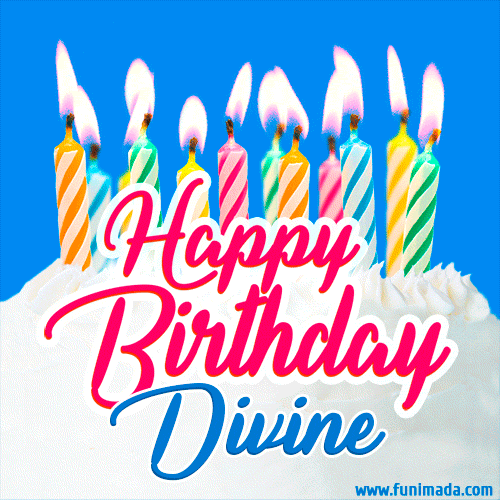Happy Birthday For Divine With Birthday Cake And Lit Candles — Download On