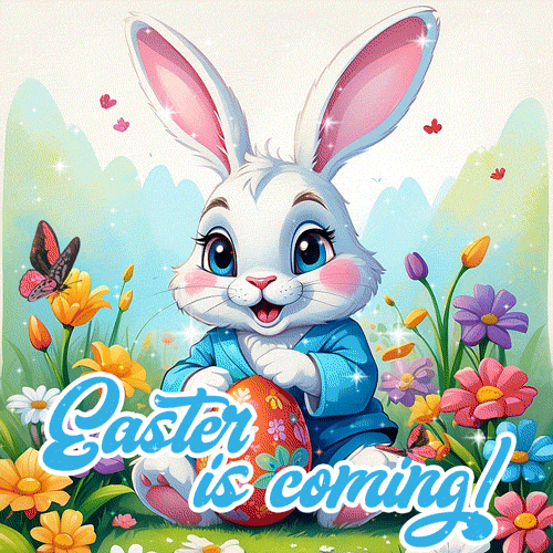 A bunny with painted eggs surrounded by spring flowers and words: easter is coming.