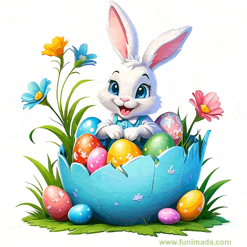 Easter bunny, painted eggs, colorful flowers.