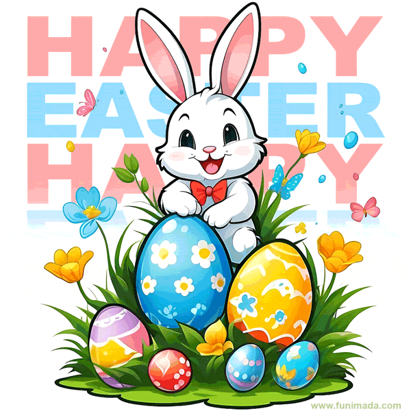 Easter bunny, colorful painted eggs, animated sticker.