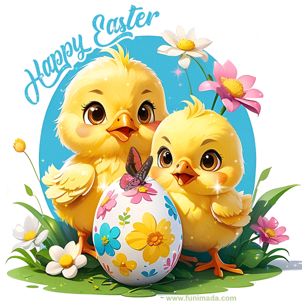 Two chicks, a painted easter egg and flowers greeting card.