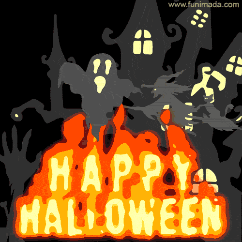 Happy Halloween Animated Text, Haunted House, Flying Witches and Ghosts  Funimada.com