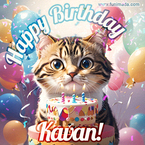 Happy birthday gif for Kavan with cat and cake | Funimada.com