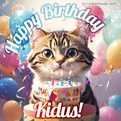 Happy birthday gif for Kidus with cat and cake | Funimada.com