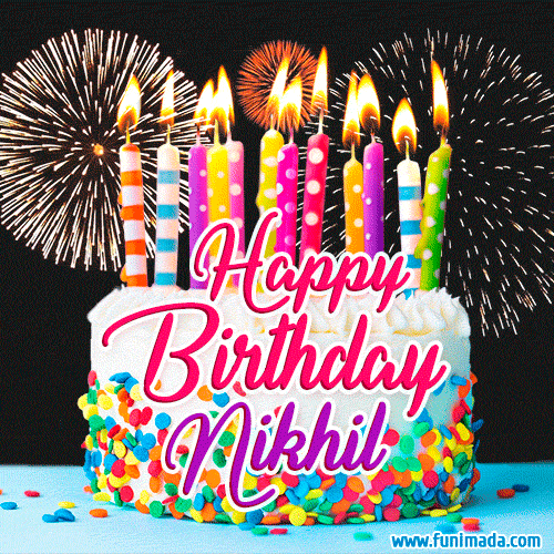 Amazing Animated GIF Image for Nikhil with Birthday Cake and Fireworks |  Funimada.com