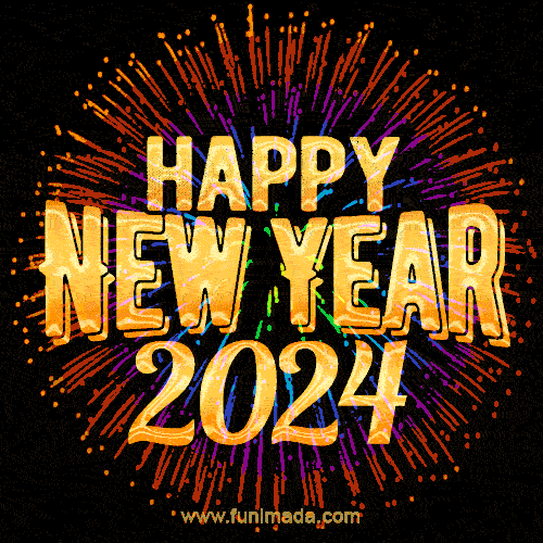 User: "User: "User: "Bursting with Colors Happy New Year 2024 GIF Image. Rainbow fireworks and golden text."""