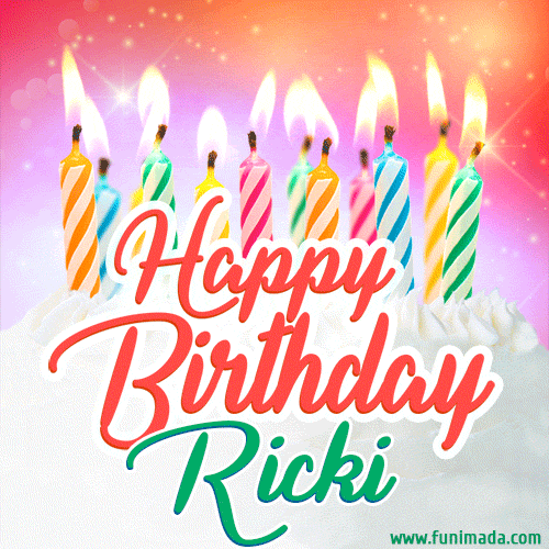 Happy Birthday For Ricki With Birthday Cake And Lit Candles — Download On