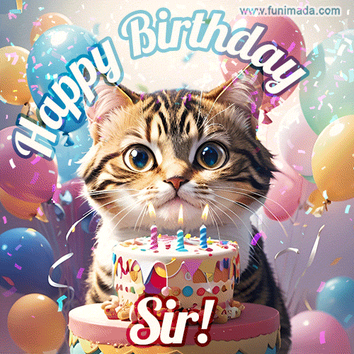Happy birthday gif for Sir with cat and cake | Funimada.com