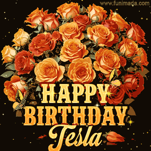 Beautiful Bouquet Of Orange And Red Roses For Tesla Golden Inscription And Blinking Twinkling 