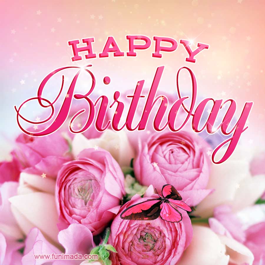 Beautiful pink roses, butterflies & blinking stars Happy Birthday video ...