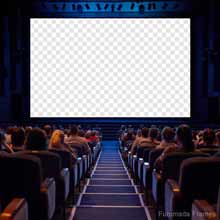 Editable photo frame showing a packed cinema with an empty screen where users can insert their own picture as if displayed in a movie theater